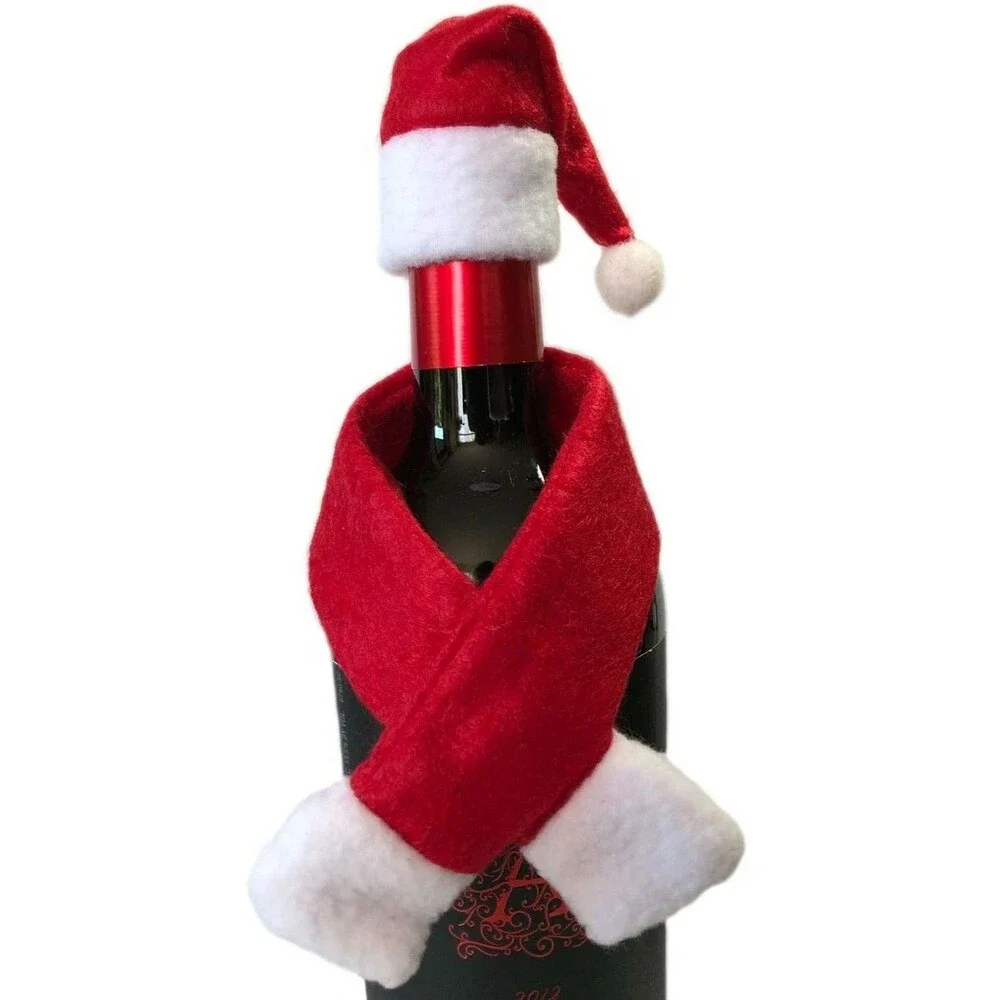 2Pc Christmas Bottle Toppers Scandi Hat and Santa Scarf Top Holiday Decorations